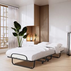 italian-made rollaway folding bed with memory foam mattress & sturdy metal frame – space-saving guest bed