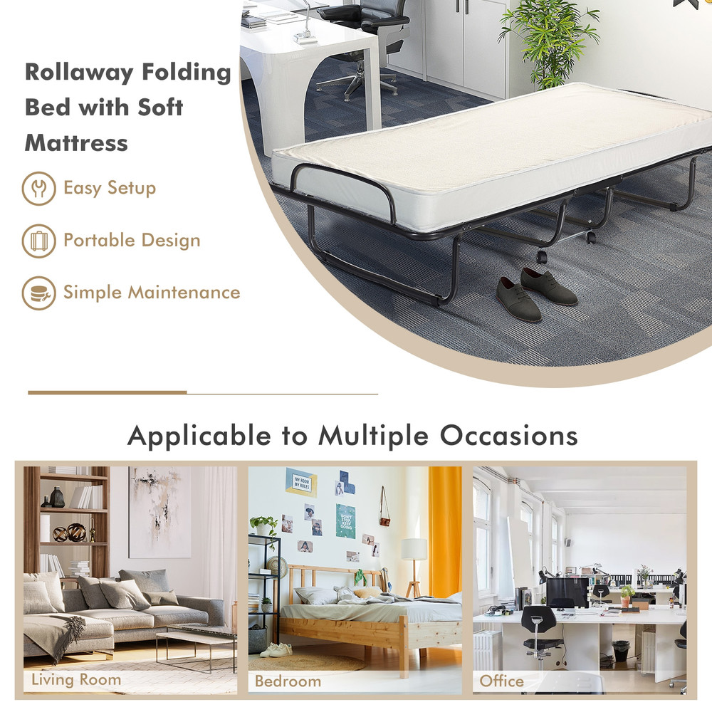 Italian-Made Rollaway Folding Bed with Memory Foam Mattress & Sturdy Metal Frame – Space-Saving Guest Bed