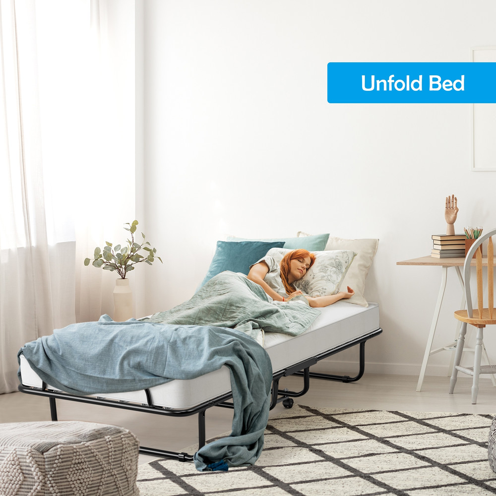 Italian-Made Rollaway Folding Bed with Memory Foam Mattress & Sturdy Metal Frame – Space-Saving Guest Bed