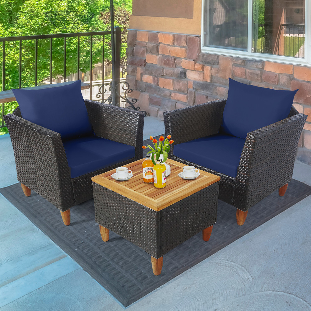 3Piece Patio Rattan Bistro Furniture Set With Acacia Wooden Table Top Navy Cushion Option 0