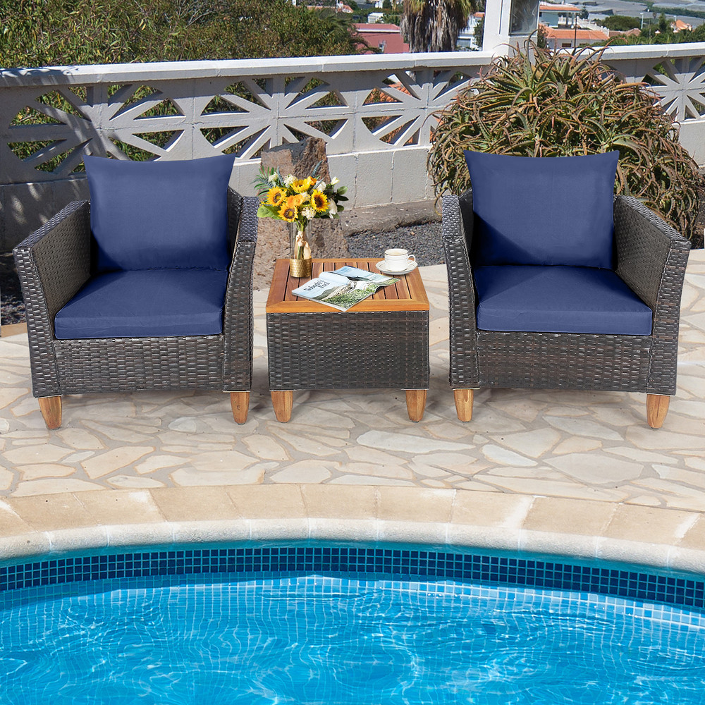 3Piece Patio Rattan Bistro Furniture Set With Acacia Wooden Table Top Navy Cushion Option 1