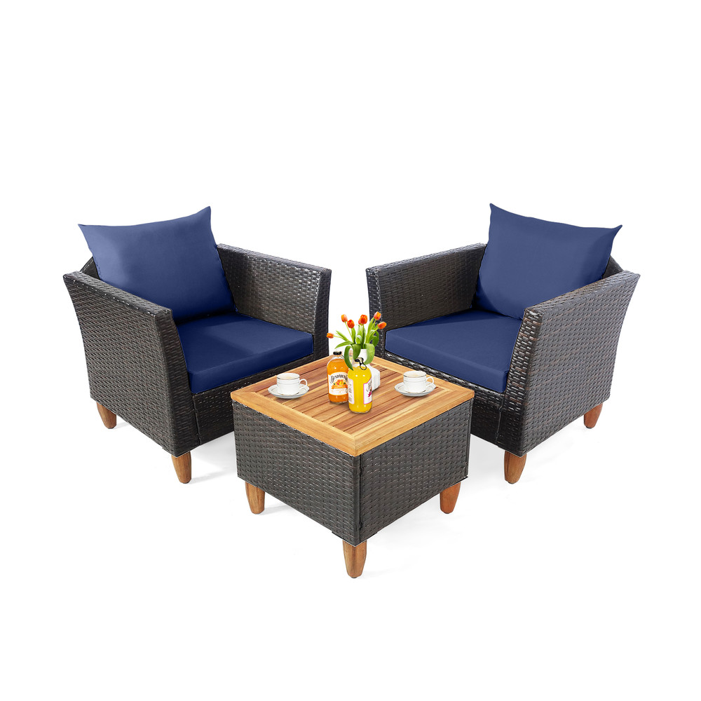 3Piece Patio Rattan Bistro Furniture Set With Acacia Wooden Table Top Navy Cushion Option 3