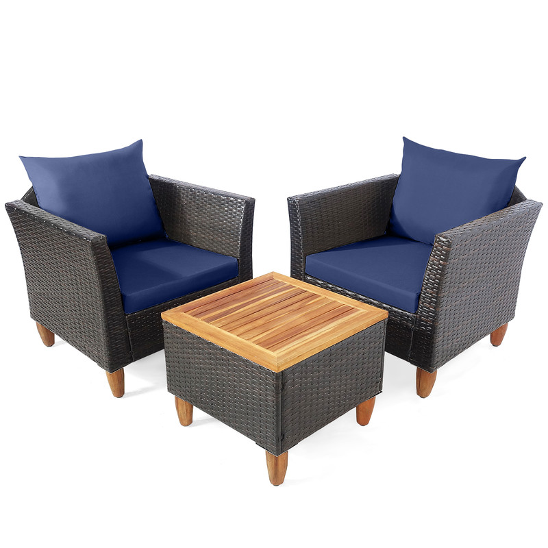 3Piece Patio Rattan Bistro Furniture Set With Acacia Wooden Table Top Navy Cushion Option 4
