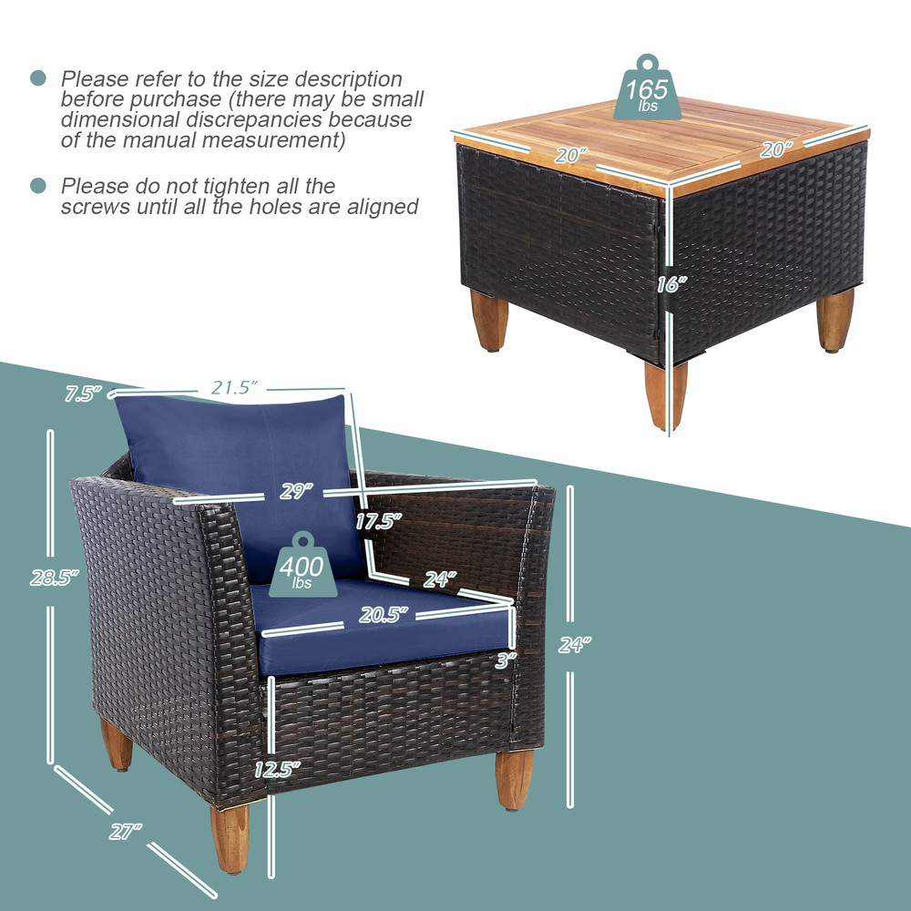 3Piece Patio Rattan Bistro Furniture Set With Acacia Wooden Table Top Navy Cushion Option 5