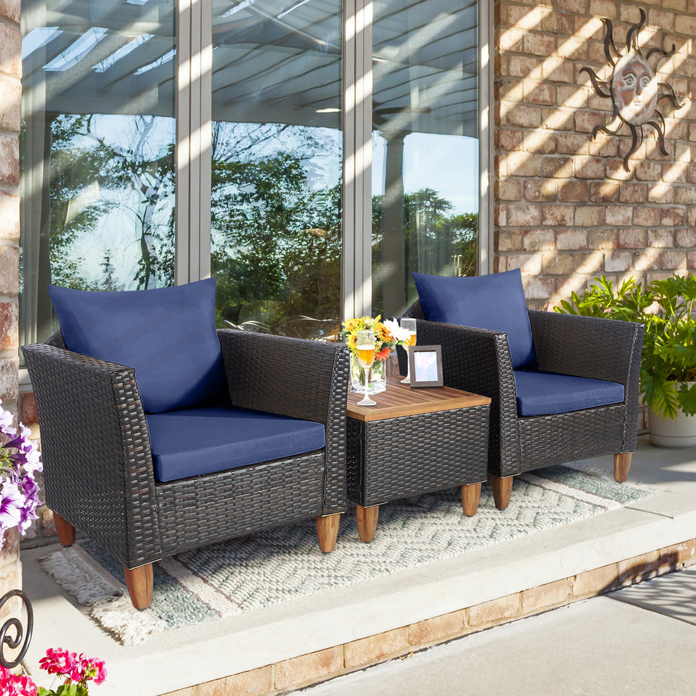 3Piece Patio Rattan Bistro Furniture Set With Acacia Wooden Table Top Navy Cushion Option 2