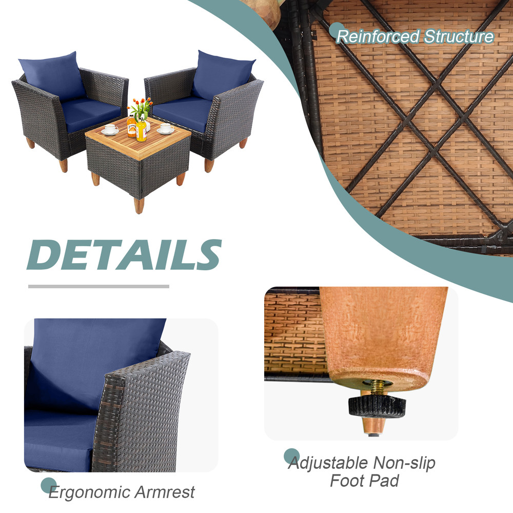 3Piece Patio Rattan Bistro Furniture Set With Acacia Wooden Table Top Navy Cushion Option 6