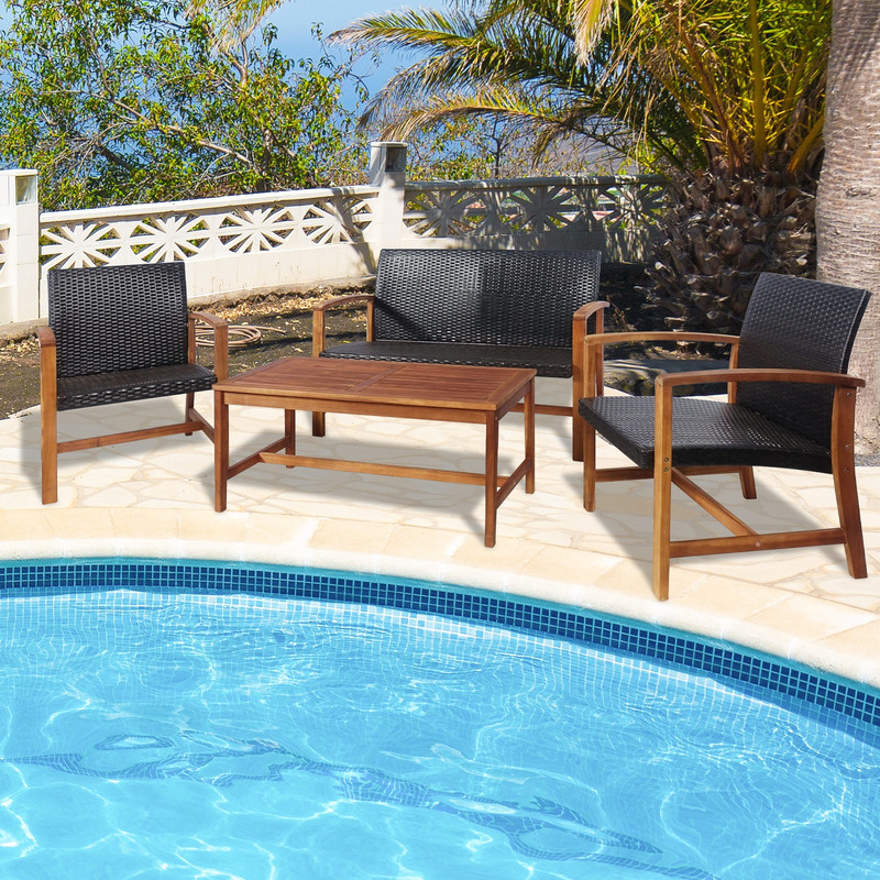 4Piece PE Rattan Patio Furniture Set With Solid Acacia Wood Outdoor Dining  Lounge Set 0