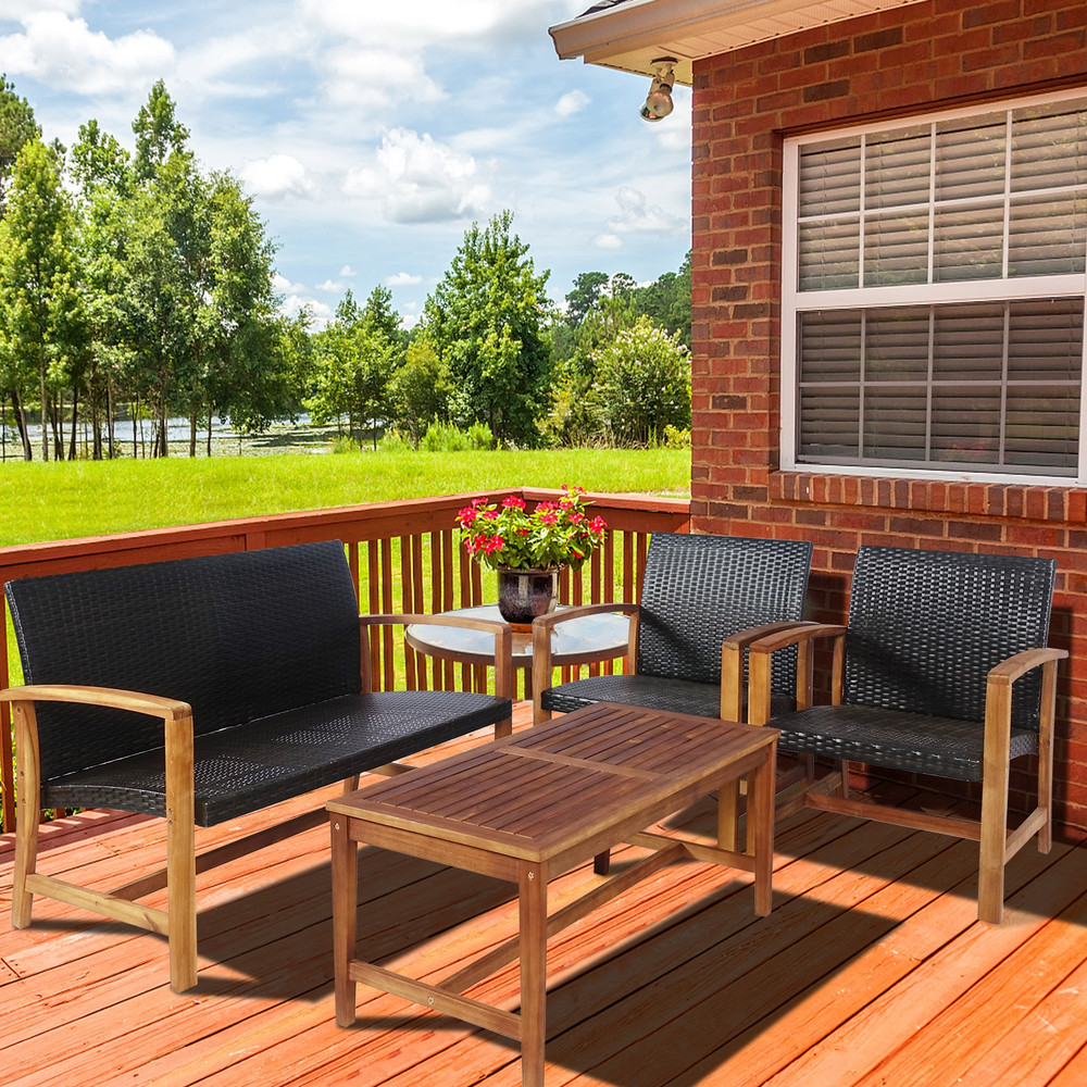 4Piece PE Rattan Patio Furniture Set With Solid Acacia Wood Outdoor Dining  Lounge Set 1