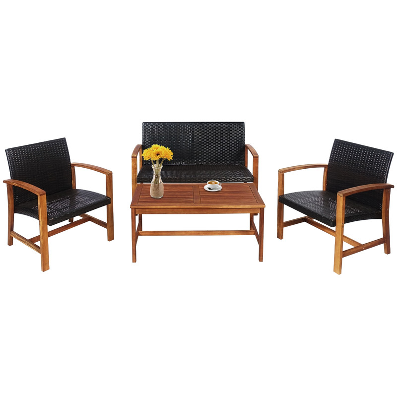 4Piece PE Rattan Patio Furniture Set With Solid Acacia Wood Outdoor Dining  Lounge Set 4
