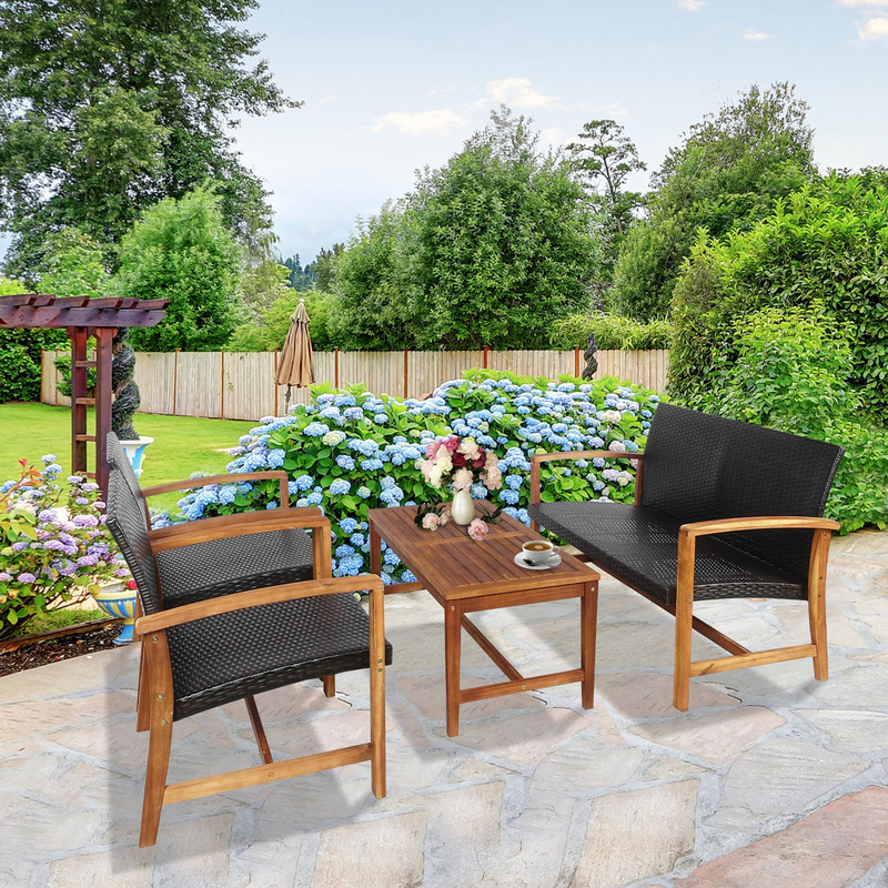 4Piece PE Rattan Patio Furniture Set With Solid Acacia Wood Outdoor Dining  Lounge Set 2