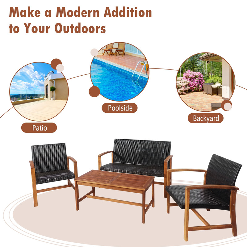 4Piece PE Rattan Patio Furniture Set With Solid Acacia Wood Outdoor Dining  Lounge Set 6