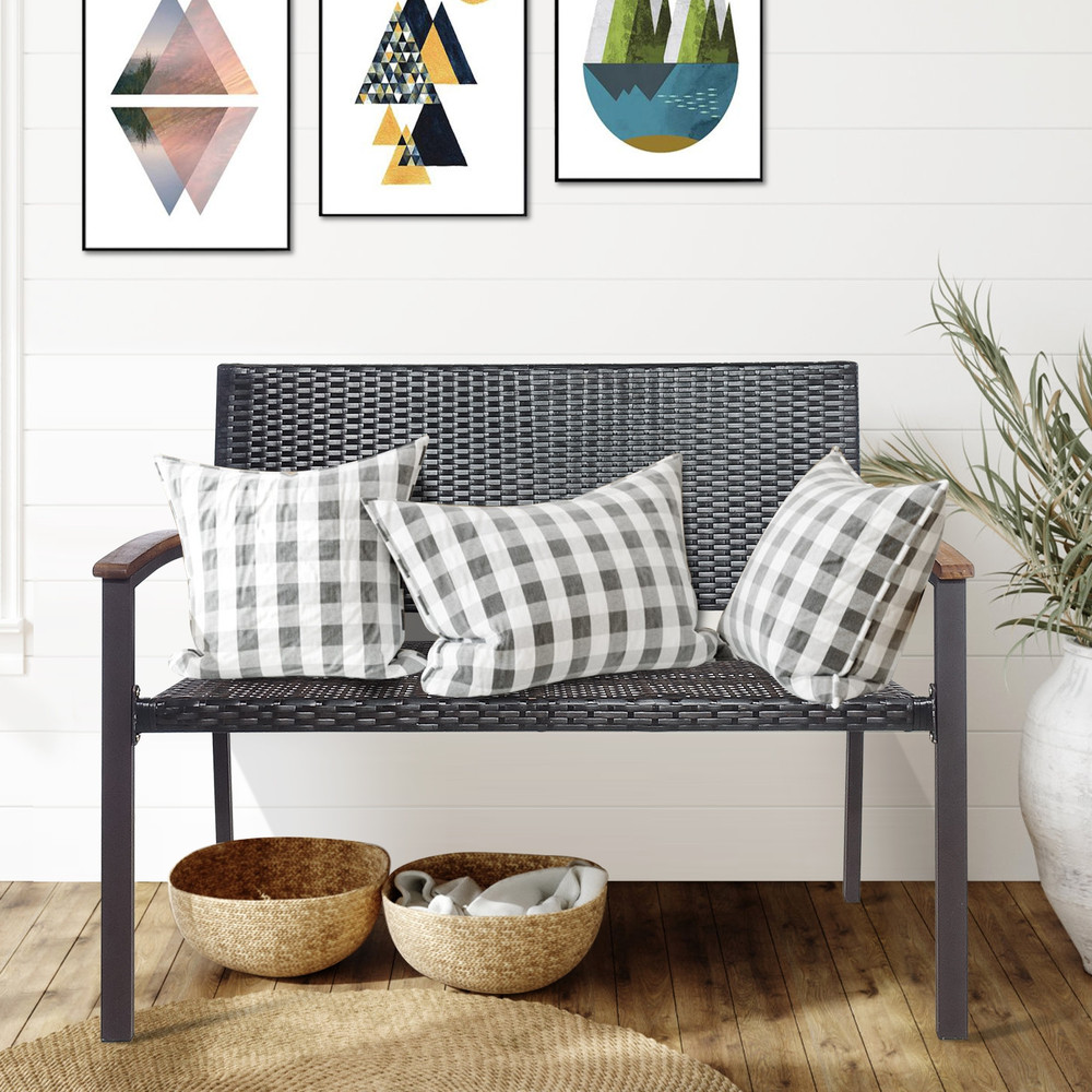 Outdoor Patio Rattan Wicker Bench With Armrest For Garden Durable PE Rattan  Steel Frame 1