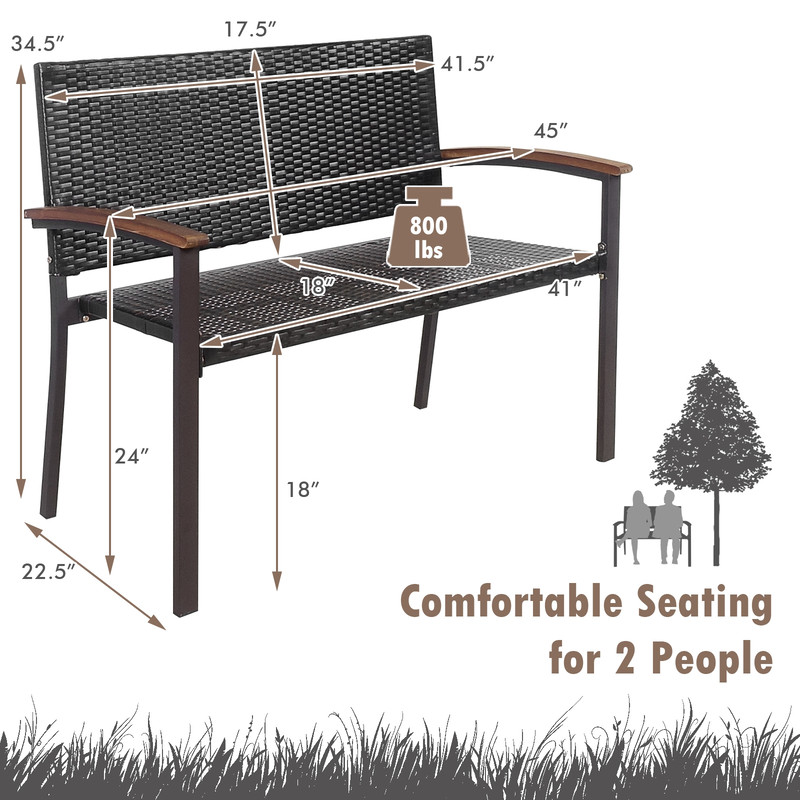 Outdoor Patio Rattan Wicker Bench With Armrest For Garden Durable PE Rattan  Steel Frame 5