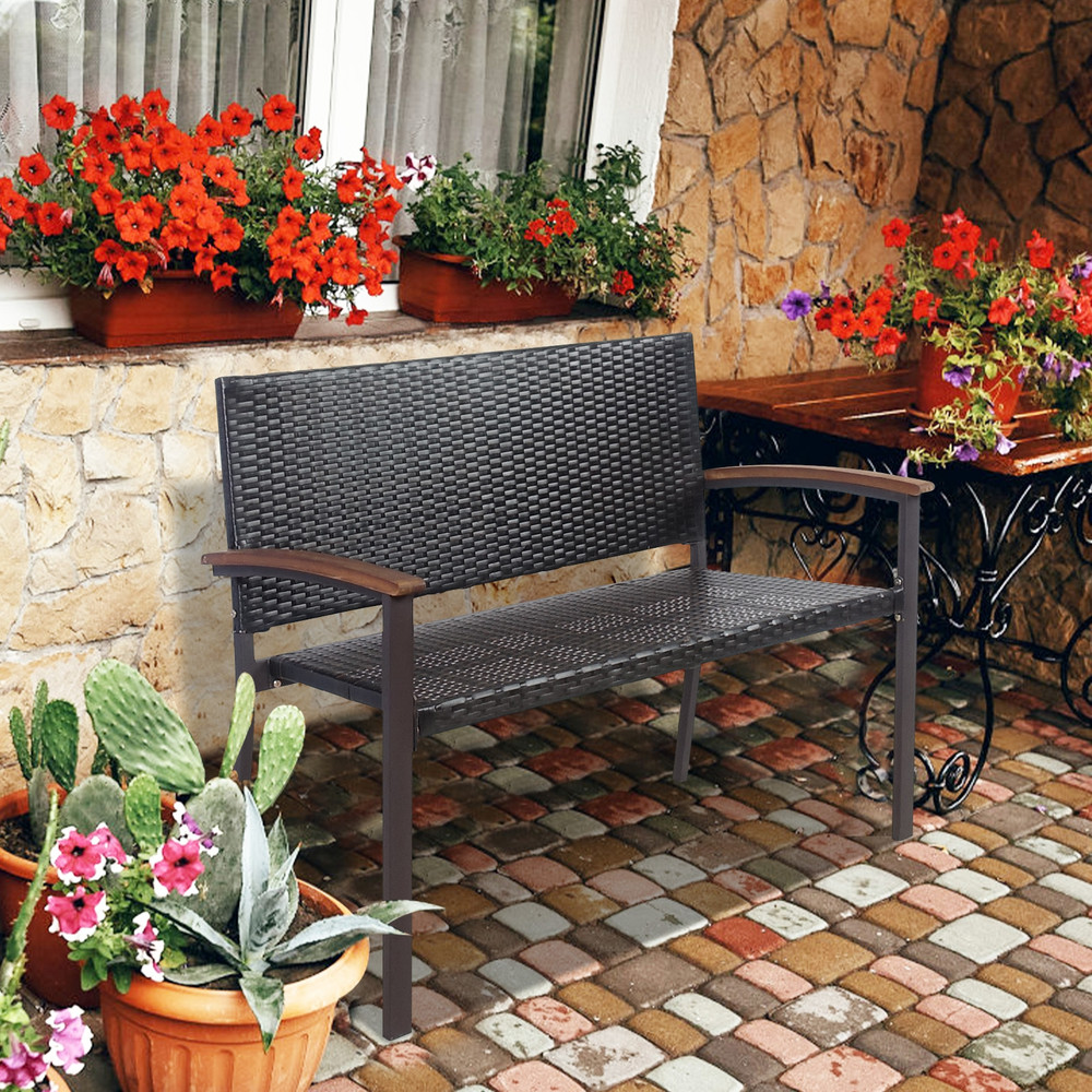 Outdoor Patio Rattan Wicker Bench With Armrest For Garden Durable PE Rattan  Steel Frame 3