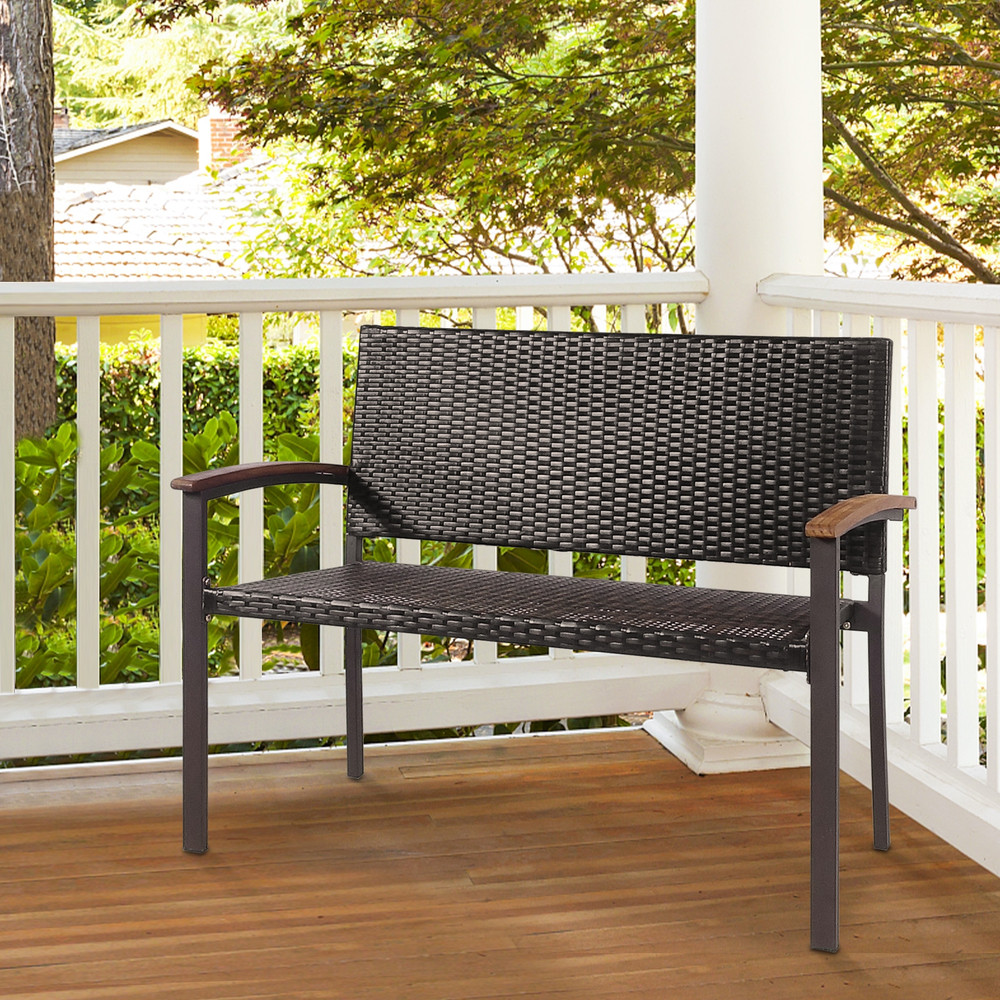 Outdoor Patio Rattan Wicker Bench With Armrest For Garden Durable PE Rattan  Steel Frame 2