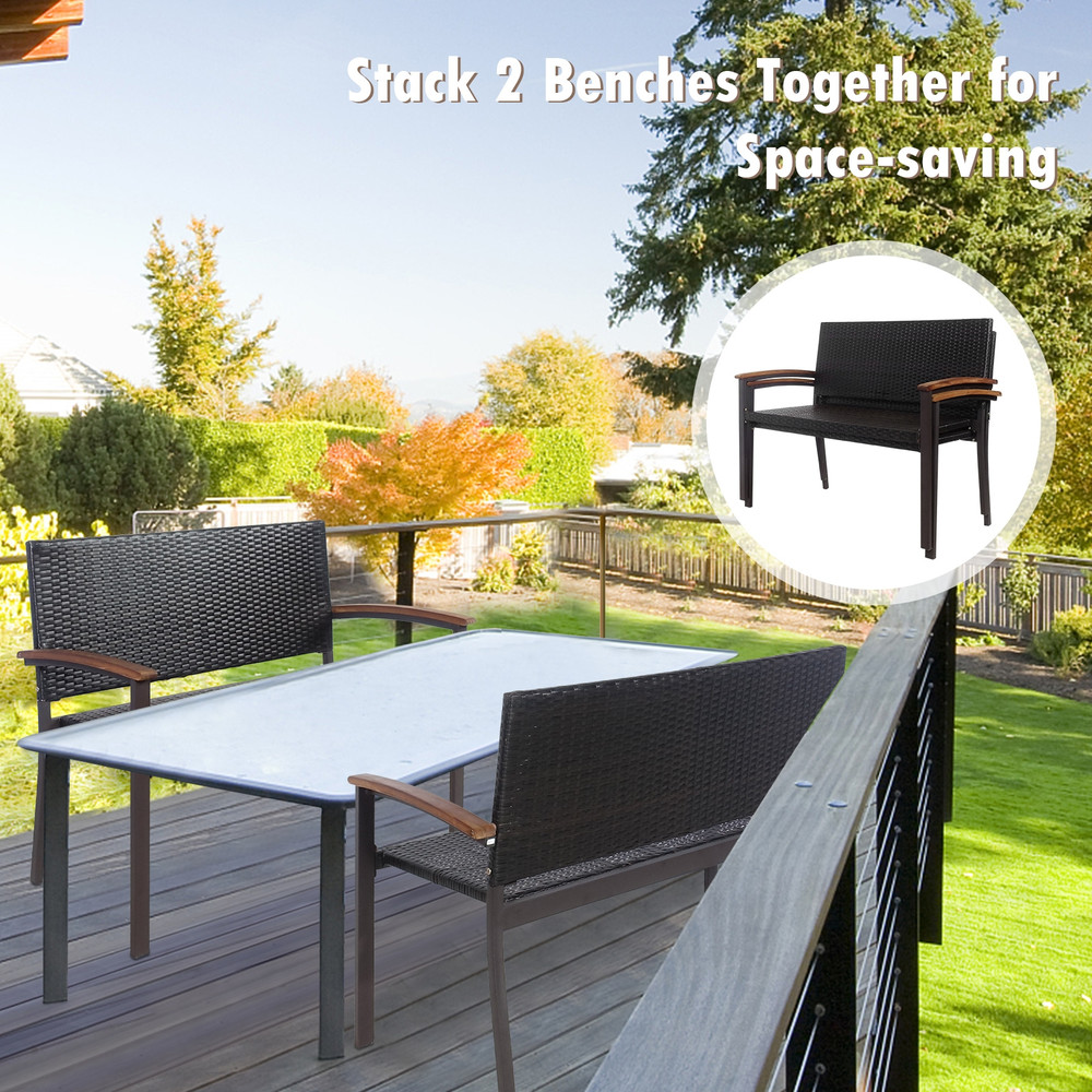 Outdoor Patio Rattan Wicker Bench With Armrest For Garden Durable PE Rattan  Steel Frame 6