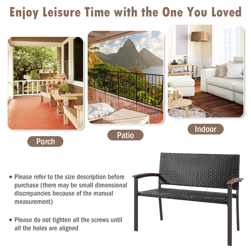 Outdoor Patio Rattan Wicker Bench With Armrest For Garden Durable PE Rattan  Steel Frame 7