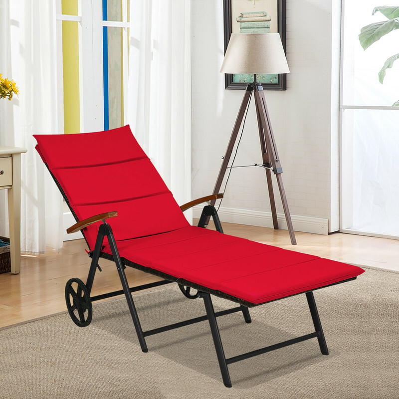 Folding Patio Rattan Lounge Chair With Wheels Adjustable  Portable Outdoor Relaxation 0