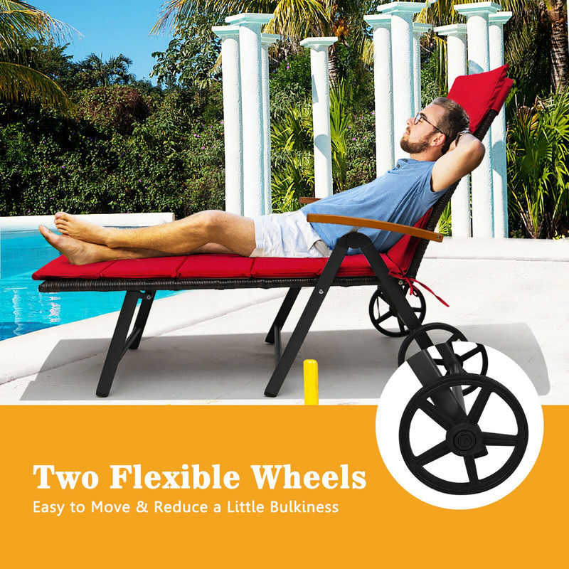 Folding Patio Rattan Lounge Chair With Wheels Adjustable  Portable Outdoor Relaxation 3