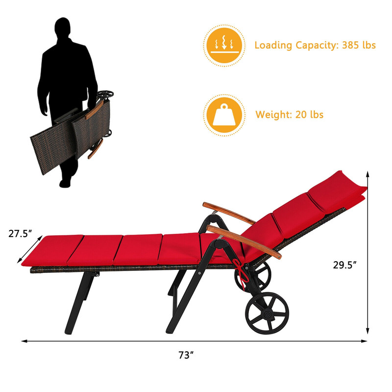 Folding Patio Rattan Lounge Chair With Wheels Adjustable  Portable Outdoor Relaxation 5