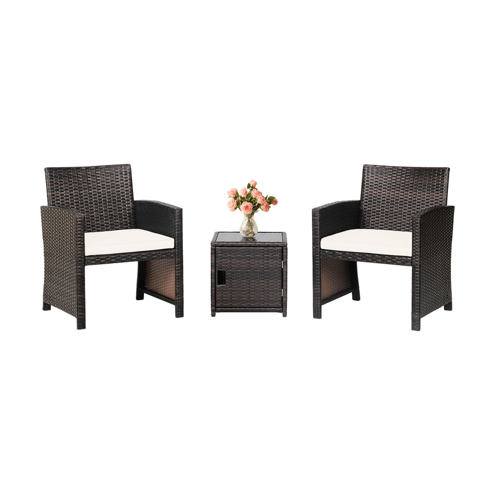 3Piece Patio Wicker Furniture Set With Storage Table Protective Cover Durable Outdoor Seating 2