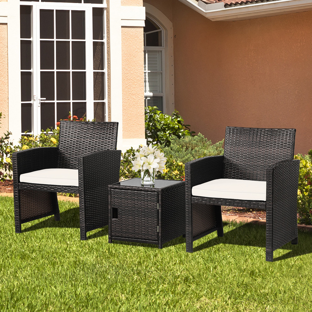 3Piece Patio Wicker Furniture Set With Storage Table Protective Cover Durable Outdoor Seating 0