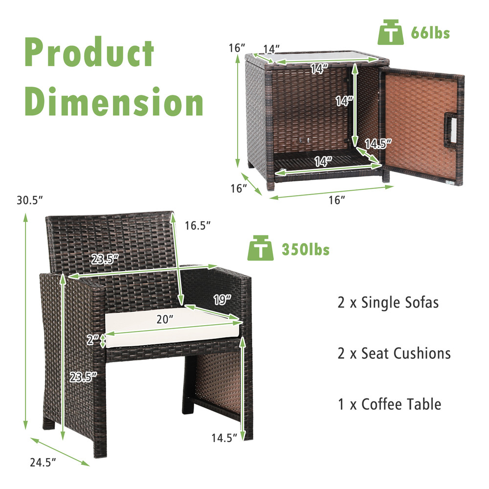 3Piece Patio Wicker Furniture Set With Storage Table Protective Cover Durable Outdoor Seating 5