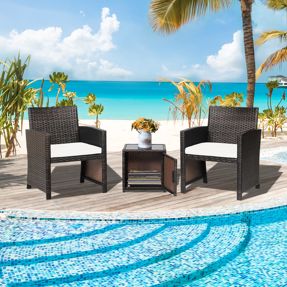 3Piece Patio Wicker Furniture Set With Storage Table Protective Cover Durable Outdoor Seating 1