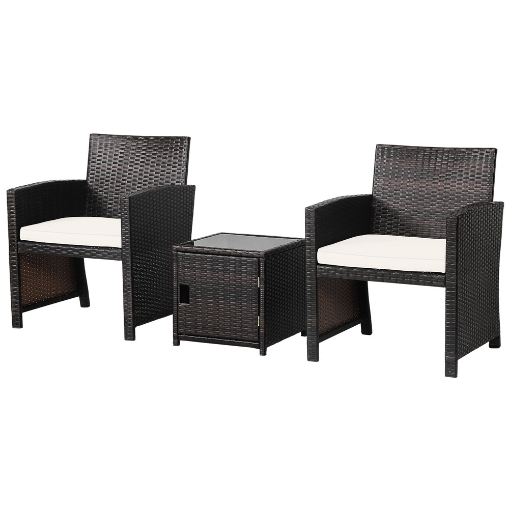 3Piece Patio Wicker Furniture Set With Storage Table Protective Cover Durable Outdoor Seating 3