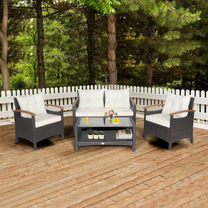Outdoor Patio Rattan Furniture Set With Cushioned Loveseat Chairs  2Tier Storage Table 1