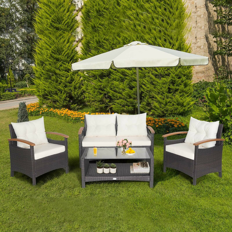 Outdoor Patio Rattan Furniture Set With Cushioned Loveseat Chairs  2Tier Storage Table 2