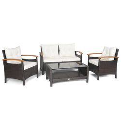 outdoor patio rattan furniture set with cushioned loveseat, chairs & 2-tier storage table