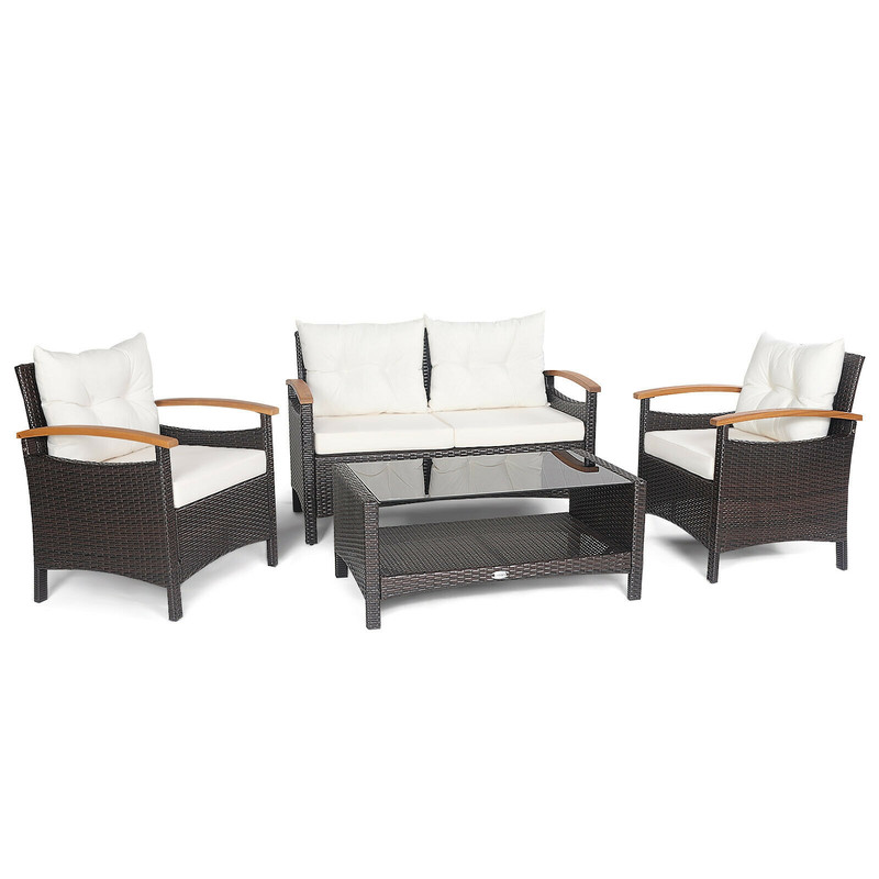 Outdoor Patio Rattan Furniture Set With Cushioned Loveseat Chairs  2Tier Storage Table 0