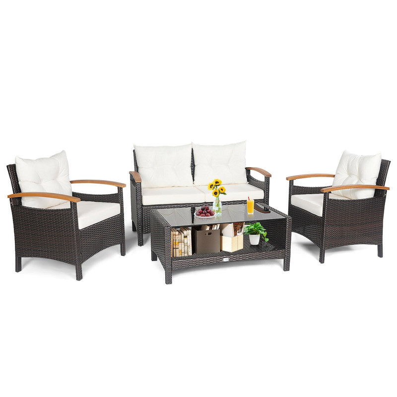 Outdoor Patio Rattan Furniture Set With Cushioned Loveseat Chairs  2Tier Storage Table 7