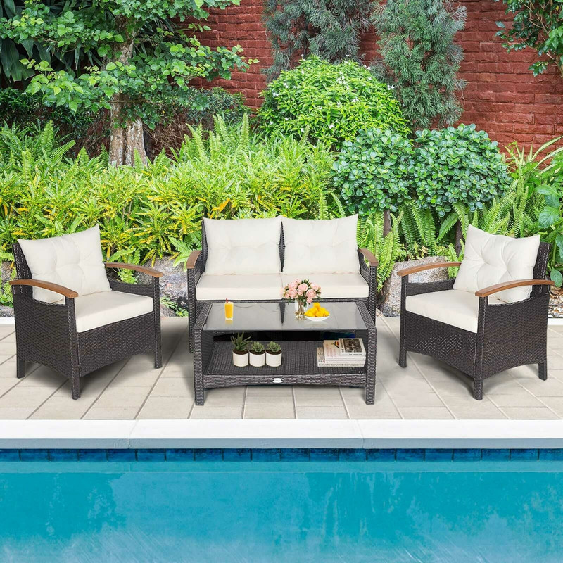 Outdoor Patio Rattan Furniture Set With Cushioned Loveseat Chairs  2Tier Storage Table 5