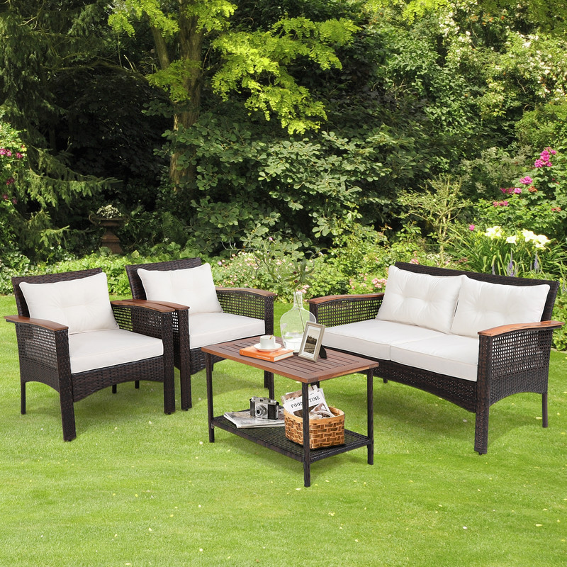Outdoor Patio Rattan Acacia Wood Furniture Set With Cushions And Armrest WeatherResistant Garden Se 1