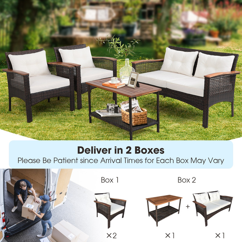 Outdoor Patio Rattan Acacia Wood Furniture Set With Cushions And Armrest WeatherResistant Garden Se 2