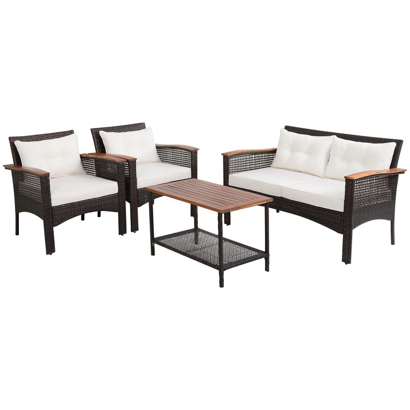 Outdoor Patio Rattan Acacia Wood Furniture Set With Cushions And Armrest WeatherResistant Garden Se 0