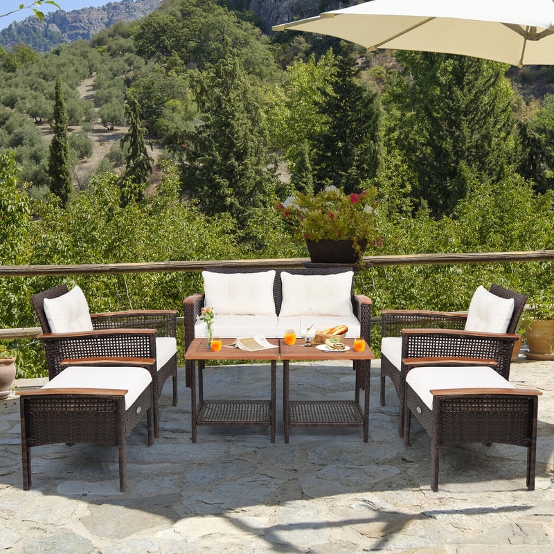 Outdoor Patio Rattan Cushioned Conversation Set With Acacia Coffee Tables Loveseat Chairs Ottomans 1