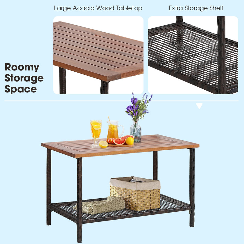 Outdoor Patio Rattan Acacia Wood Furniture Set With Cushions And Armrest WeatherResistant Garden Se 5