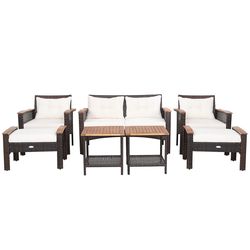outdoor patio rattan cushioned conversation set with acacia coffee tables, loveseat, chairs & ottomans, for backyard