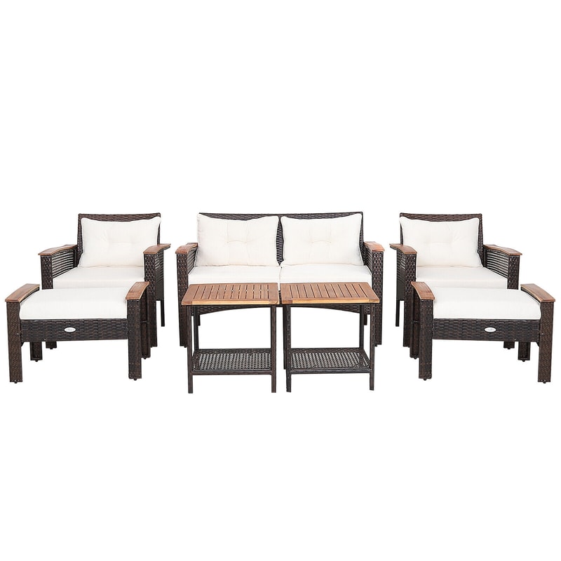 Outdoor Patio Rattan Cushioned Conversation Set With Acacia Coffee Tables Loveseat Chairs Ottomans 0