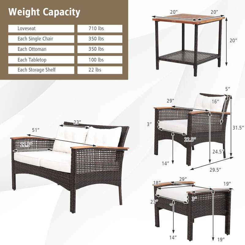 Outdoor Patio Rattan Cushioned Conversation Set With Acacia Coffee Tables Loveseat Chairs Ottomans 7