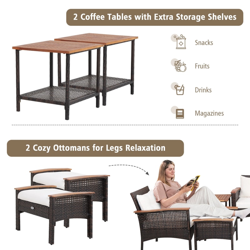 Outdoor Patio Rattan Cushioned Conversation Set With Acacia Coffee Tables Loveseat Chairs Ottomans 4