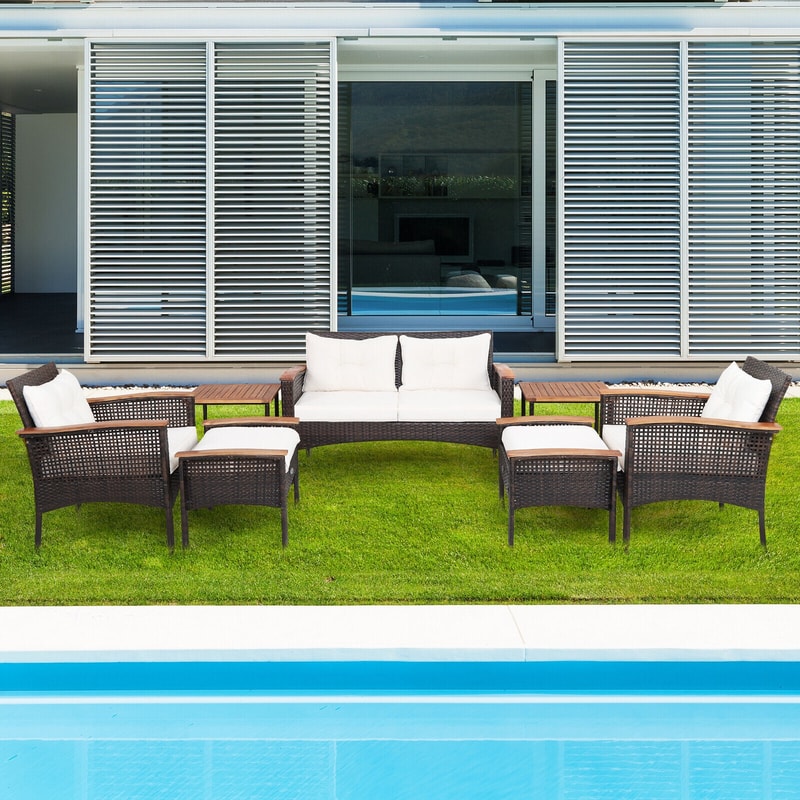 Outdoor Patio Rattan Cushioned Conversation Set With Acacia Coffee Tables Loveseat Chairs Ottomans 2