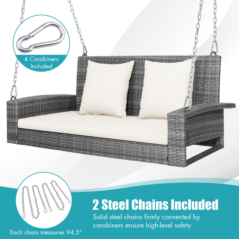 WeatherResistant PE Wicker Hanging Porch Swing Bench Chair With Cushion High Capacity Outdoor Swing 4