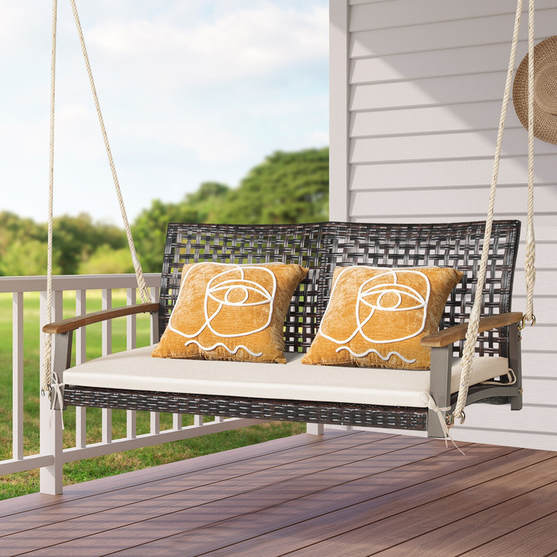 Weatherproof Rattan Hanging Porch Swing Chair With Soft Cushion And Acacia Armrests Ideal For Patio 1