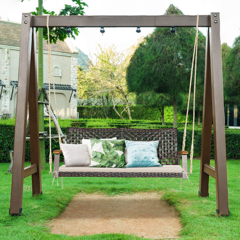Weatherproof Rattan Hanging Porch Swing Chair With Soft Cushion And Acacia Armrests Ideal For Patio 2