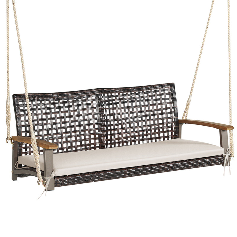 Weatherproof Rattan Hanging Porch Swing Chair With Soft Cushion And Acacia Armrests Ideal For Patio 7
