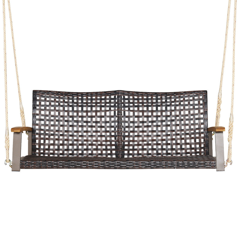 Weatherproof Rattan Hanging Porch Swing Chair With Soft Cushion And Acacia Armrests Ideal For Patio 0